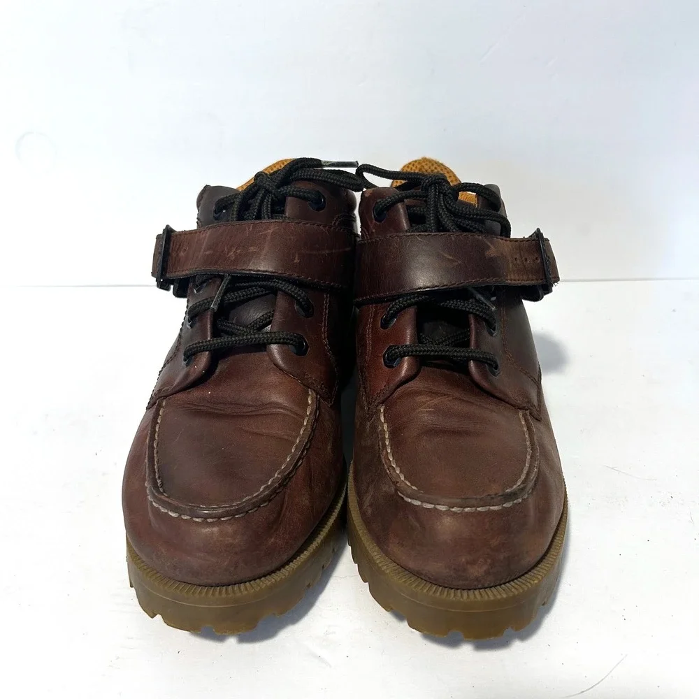 Vtg Eastland Brooklyn Moc Toe Boots Mens 9.5 Brown Buckle Strap Lug Sole Y2K